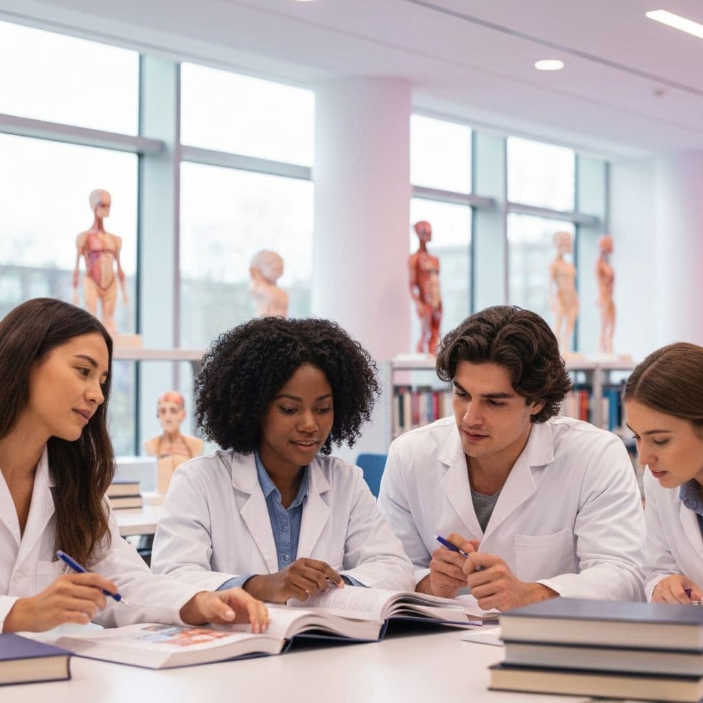 Estudiantes de medicina colaborando en un ambiente moderno